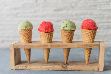 Ice cream of mint and chocolat and strawberry