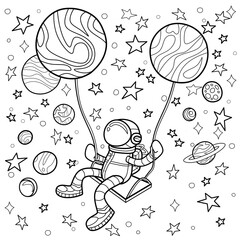 Coloring antistress page for adults 
and children. The astronaut swings on the planets like on a swing.