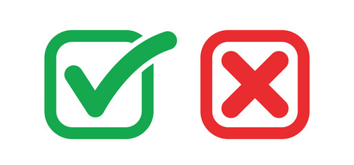 Check mark icons. Green tick and red x. Approval and decline symbols.