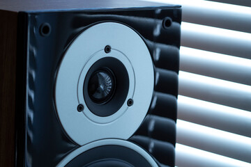Acoustic sound speakers on black background. Multimedia, audio a