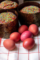 Easter. Easter cake with sweet red fondant and Easter eggs. Easter atmosphere