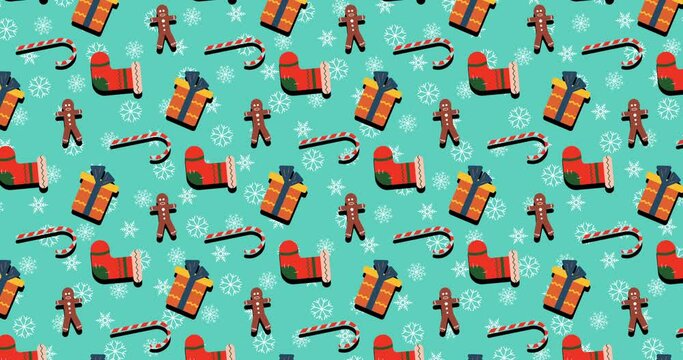 4k Christmas motion background with Christmas design elements. The new year 2021. Animation with cute Christmas symbols. Candy, gift, candyman, and socks. Seamless video. 
