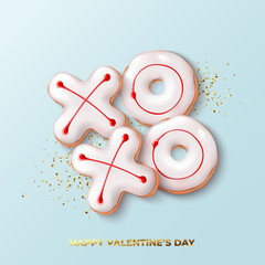Happy Valentine's Day card. Holiday background with realistic XO cookies and golden confetti. Vector illustration with 3d decorative objects for Valentine's Day.