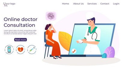 Online doctor consultation, woman with psychotherapist vector illustration. Professional medicine help for patient depression in internet technology. People psychiatry support virtual concept.