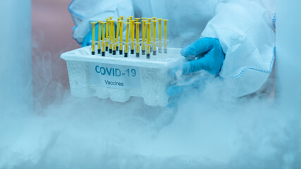 Medical staff distributing covid-19 vaccine tray inside the freezer. Healthcare and medical concept