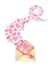 Watercolor hand drawn love envelope. Many pink hearts are flying away from opened letter. Cute elements on white background isolated. Lovely Valentine`s day and wedding gesign.