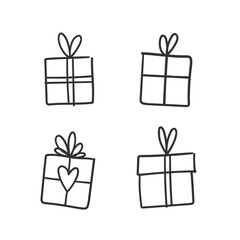 Hand drawn gifts collection. Present box with ribbons. Doodle illustrations. Christmas gift symbols.