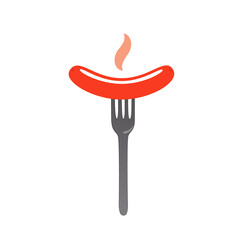 The icon of fast food. Hot sausage on a fork. Vector illustration of bratwurst close-up.