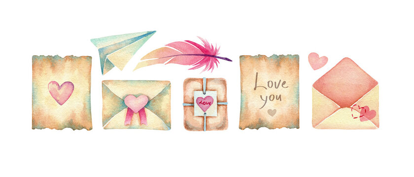 Hand drawn watercolor vintage set. Love letters, envelopes, paper airplane, feather on white background isolated. Nice elements for your retro design.