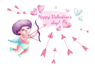 Cute watercolor card. Lovely Cupid with bow and arrows, pink and blue hearts. Hand drawn elements. Happy Valentine`s day!