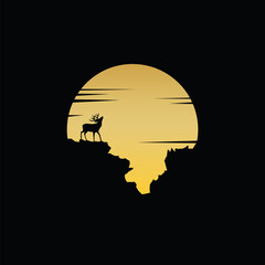 Beauty Deer on the cliff  and Golden Moon Illustration logo design, Silhouette Icon on Black Background, Flat Design Vector Illustration