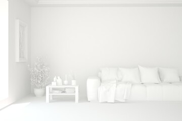 White minimalist living room with sofa. Scandinavian interior design. 3D illustration