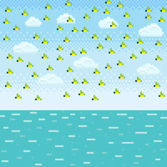 Birds and the sea pixel art. Vector picture.