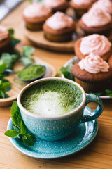 matcha tea with cakes