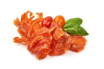 Cold smoked salmon belly strips, isolated on white background