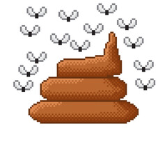Poop vector illustration. Shit Pixel art. Pixel art style poo. Feces cartoon. Feces and flies pixel art.