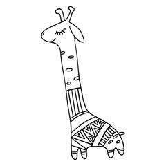 Cute black and white isolated vector illustration decorative design of adorable lined giraffe in a costume