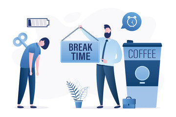 Tired female employee. Burnout, emotional stress. Businesswoman with empty battery. Businessman holds board - break time.