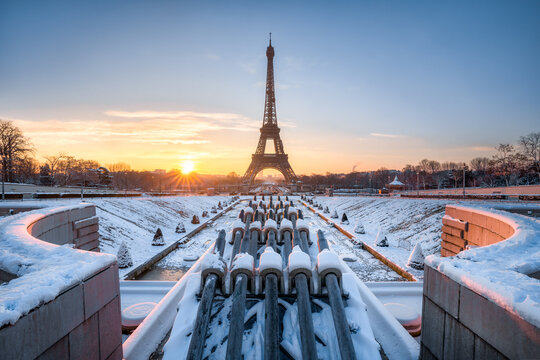 View of the Eiffel Tower in winter at sunrise, Paris, France
