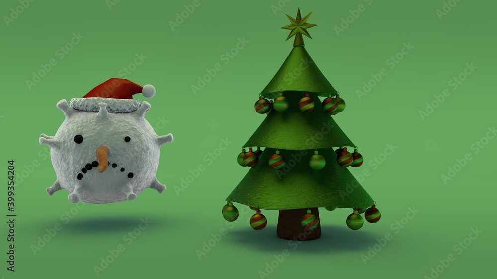 Poster 3d rendering of a green christmas tree made of primitives on a green background and a snowman's snow