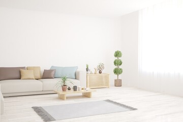 White living room with sofa. Scandinavian interior design. 3D illustration