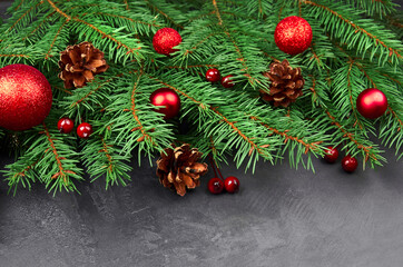 Composition with fir tree branches and christmas decorations