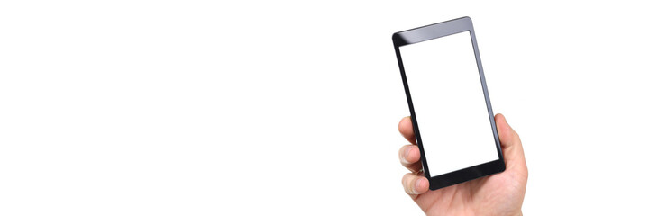 Close up of young man arm with modern cellphone isolated on white background