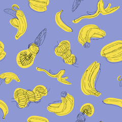 Hand drawn seamless pattern with bananas on Illuminating yellow. Vector Illustration, isolated on purple background.