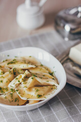 Dumplings, filled with meat and served with fried onion and meat pieces. Varenyky, vareniki, pierogi, pyrohy. Dumplings with filling.