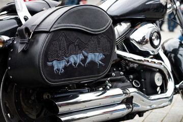 Nice black leather bag on motorcycle at Ukrainian Biker Club Crazy Hohols opening season 2016...