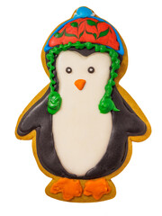 Gingerbread cookie of cute penguin on white background isolated. Traditional Christmas food. Christmas and New Year holiday concept..Hand painted. Comfort food. Christmas treat.