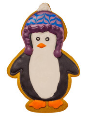 Gingerbread cookie of cute penguin on white background isolated. Traditional Christmas food. Christmas and New Year holiday concept..Hand painted. Comfort food. Christmas treat.