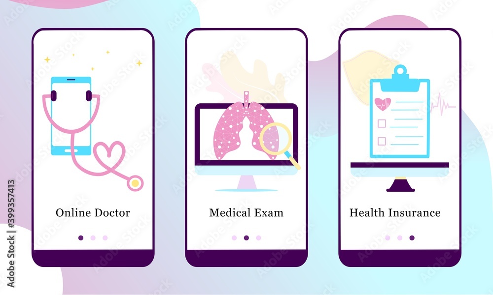 Aufkleber application design set for online doctor, medical exam and health insurance. ui onboarding screens d