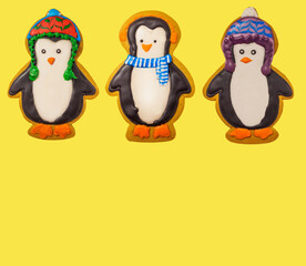 Gingerbread cookie of cute penguin on white background isolated. Traditional Christmas food. Christmas and New Year holiday concept..Hand painted. Comfort food. Christmas treat.