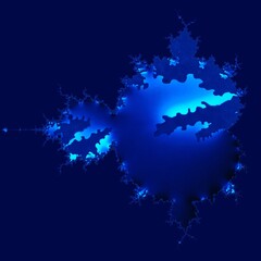 shades of bright neon blue and indigo colored symmetric intricate abstract patterns shapes and fractal design on black background