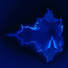 shades of bright neon blue and indigo colored symmetric intricate abstract patterns shapes and fractal design on black background