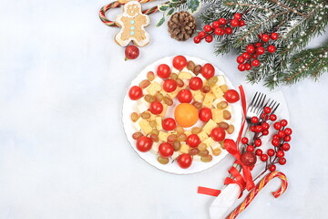 Christmas new year dishes, traditional festive salad with cheese, tomatoes, grapes and honey with fir branches and cones and decorations, dish design idea, selective focus,