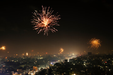Fireworks in the Sky in Diwali Festival. Diwali is biggest festival of India. Diwali is Festival of lights and happiness. people enjoy fire crackers in Diwali.