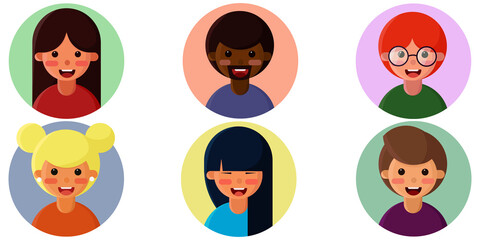 A set of avatars of smiling people of different nationalities, including men and women. 6 icons. Cartoon illustration with avatar on white background. 