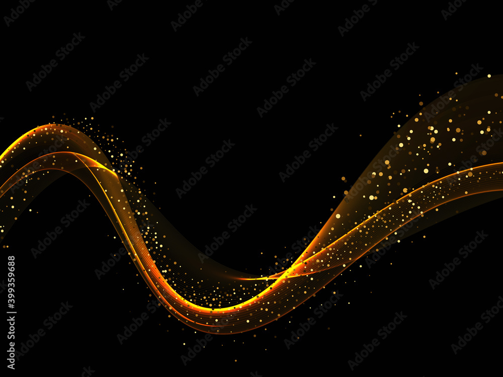 Poster abstract vector gold wave design element with glitter effect on dark background.