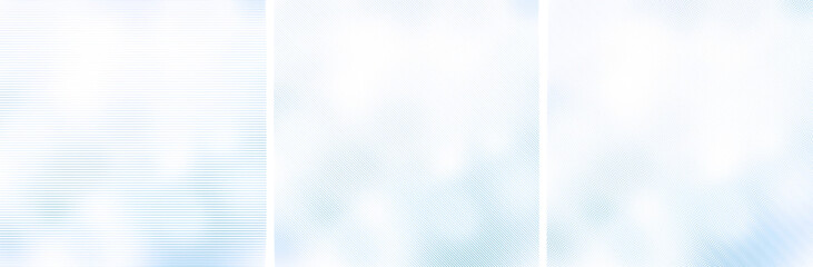 Light blue horizontal, diagonal and wavy lines on white background, blurred edges. Three abstract high resolution backgrounds.