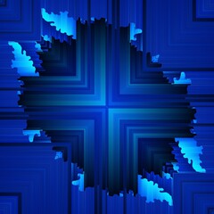 Fototapeta premium shades of bright neon blue and indigo colored symmetric intricate abstract patterns shapes and design on black background in square format