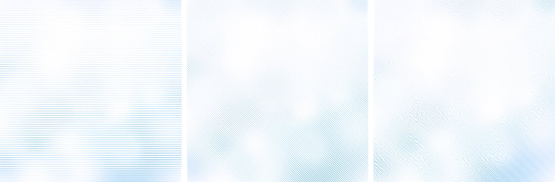 Light blue horizontal, diagonal and wavy lines on white background, blurred edges. Three abstract high resolution backgrounds.