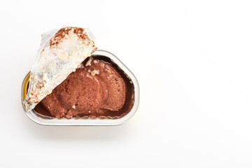 Wet pet food. Pate for cat or dog isolated on white