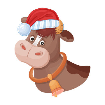 Comic bull in Santa red hat. Animal mascot Chinese New Year 2021. Happy Christmas cartoon ox character.  Zodiac. Head calf cow image for festive xmas greeting card design. Vector isolated on white