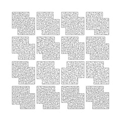 Maze labyrinth for kids game set isolated on white background. Black rectangle labyrinth puzzle beginning complexity - find way from entry to exit. Vector illustration.