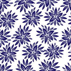 Modern seamless vector botanical colourful pattern with blue flowers in Gzhel style. 