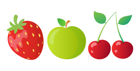 Strawberry, apple and cherries isolated on white background. Cartoon juicy fruits mini collection. Premium vector..