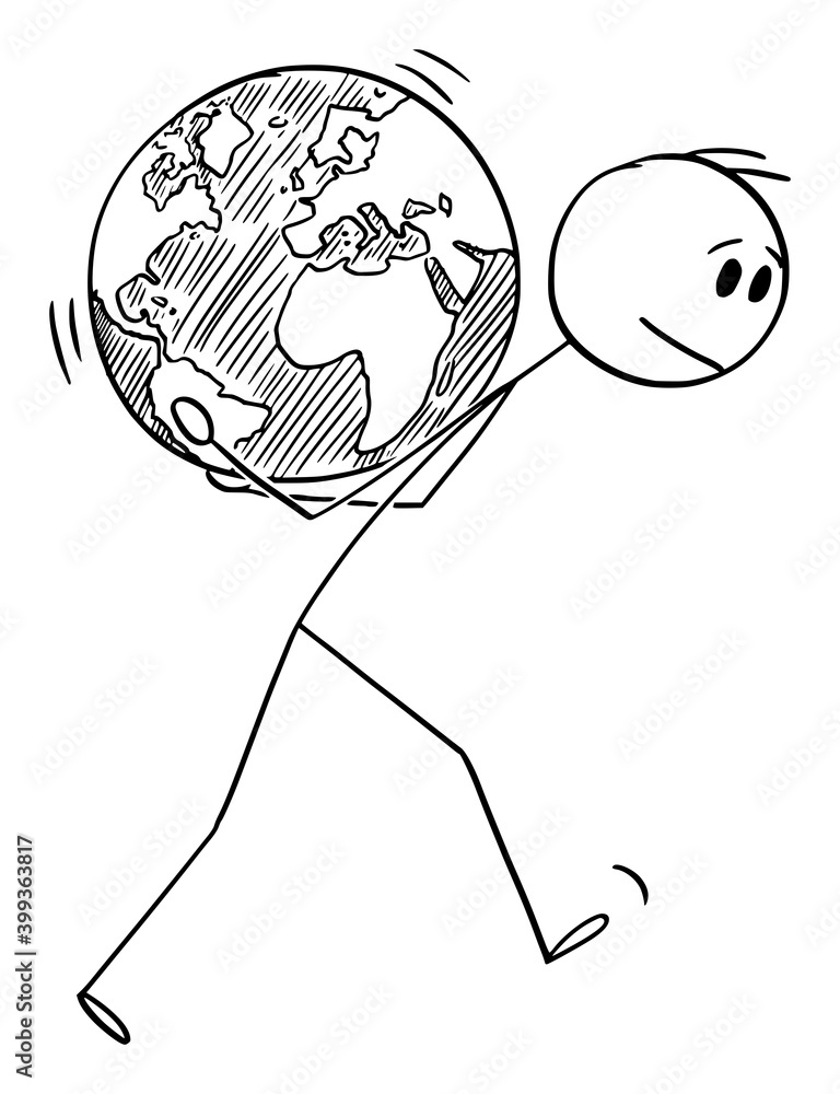 Poster vector cartoon stick figure illustration of man carrying planet earth globe on his back. concept of 