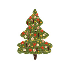 Vector illustration, beautiful green Christmas tree with toys, red bows, stars and lights. Magic, New Year, retro style pine. Isolated on white background, for design postcards
